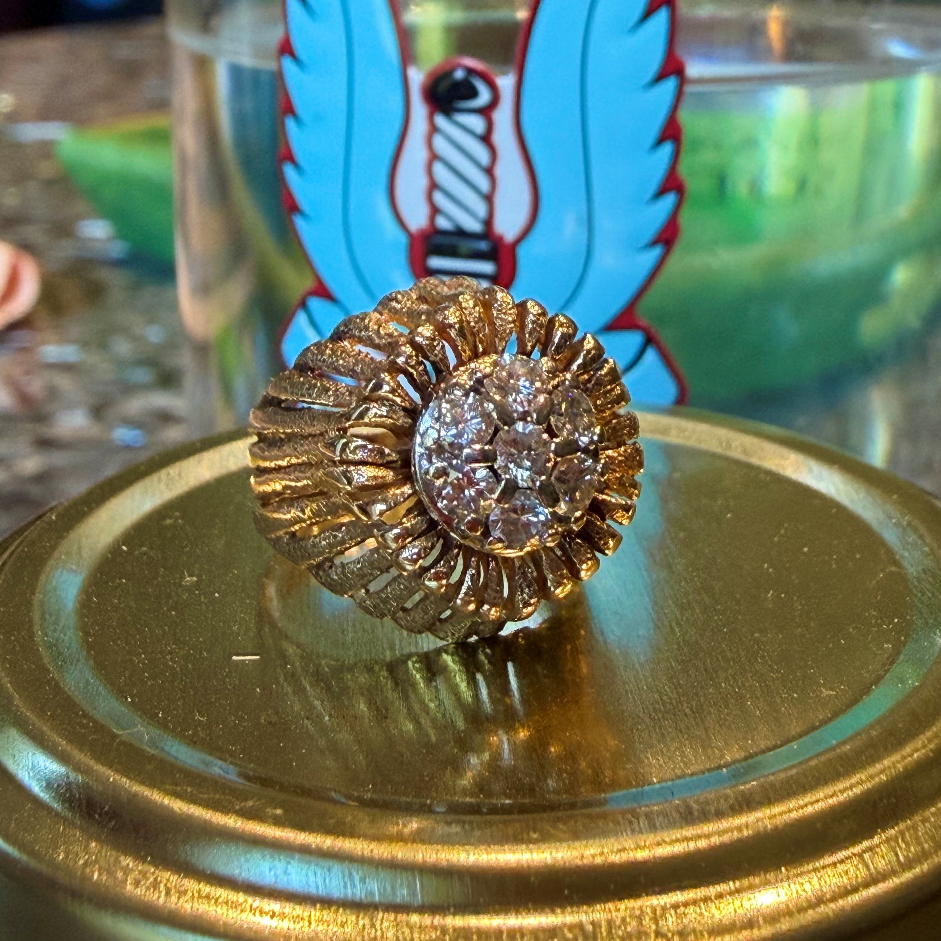 Diamond Sunburst Domed Signet Ring 1970s