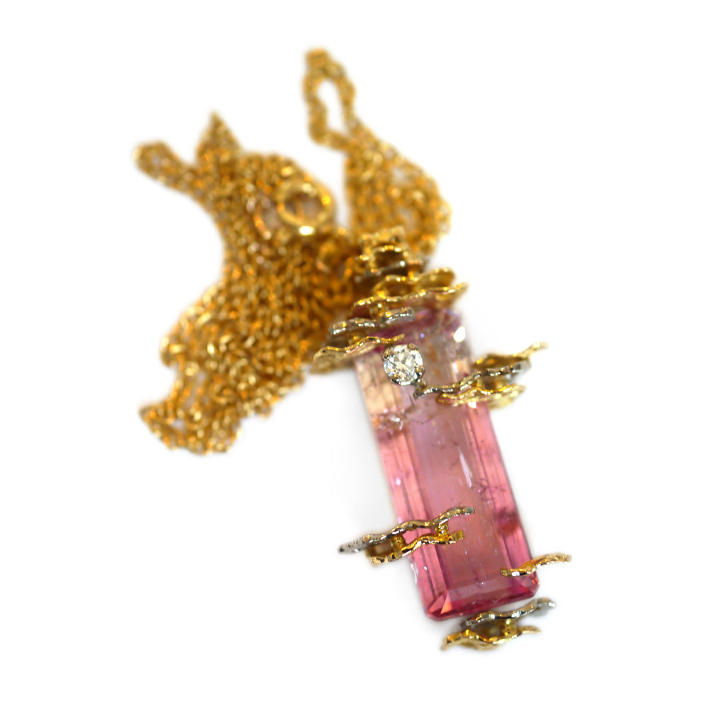 Modernist Barked Diamond and Pink Tourmaline Cocktail Necklace 1982