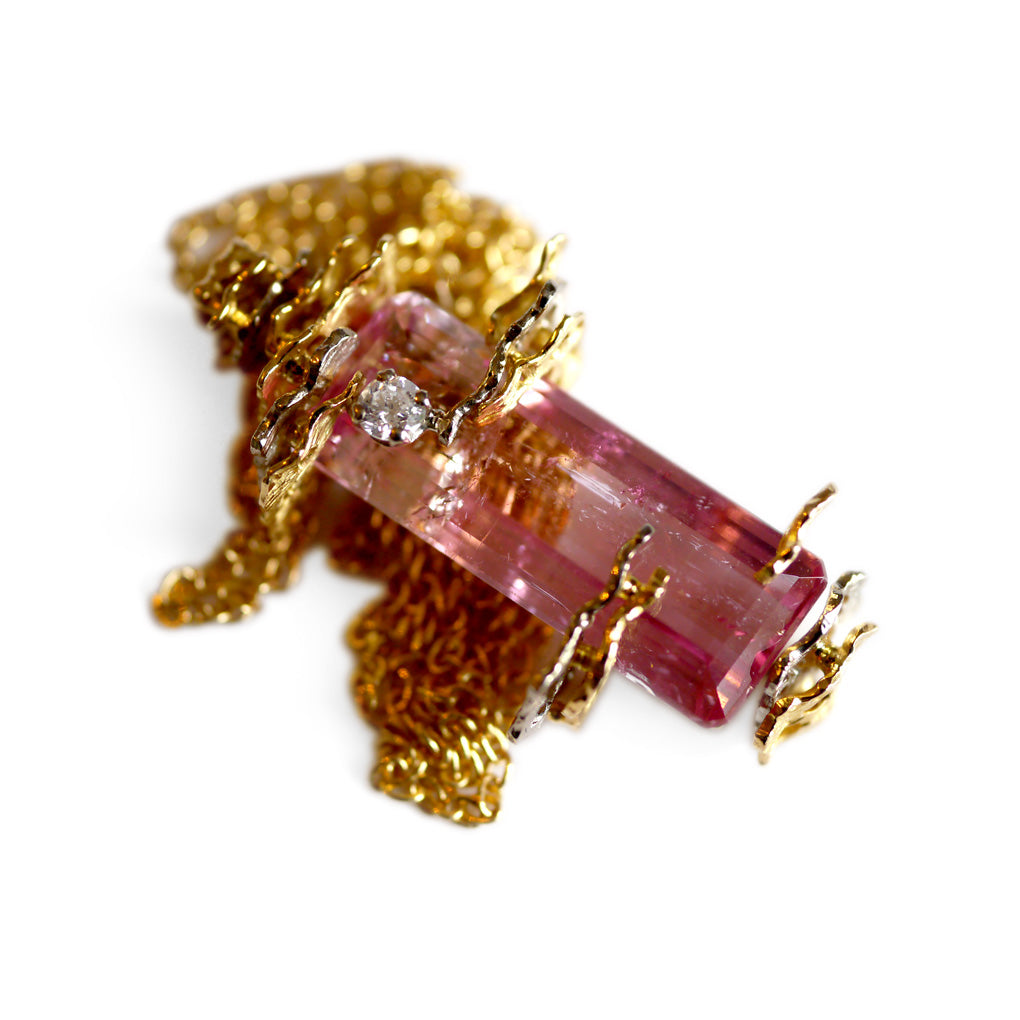 Modernist Barked Diamond and Pink Tourmaline Cocktail Necklace 1982