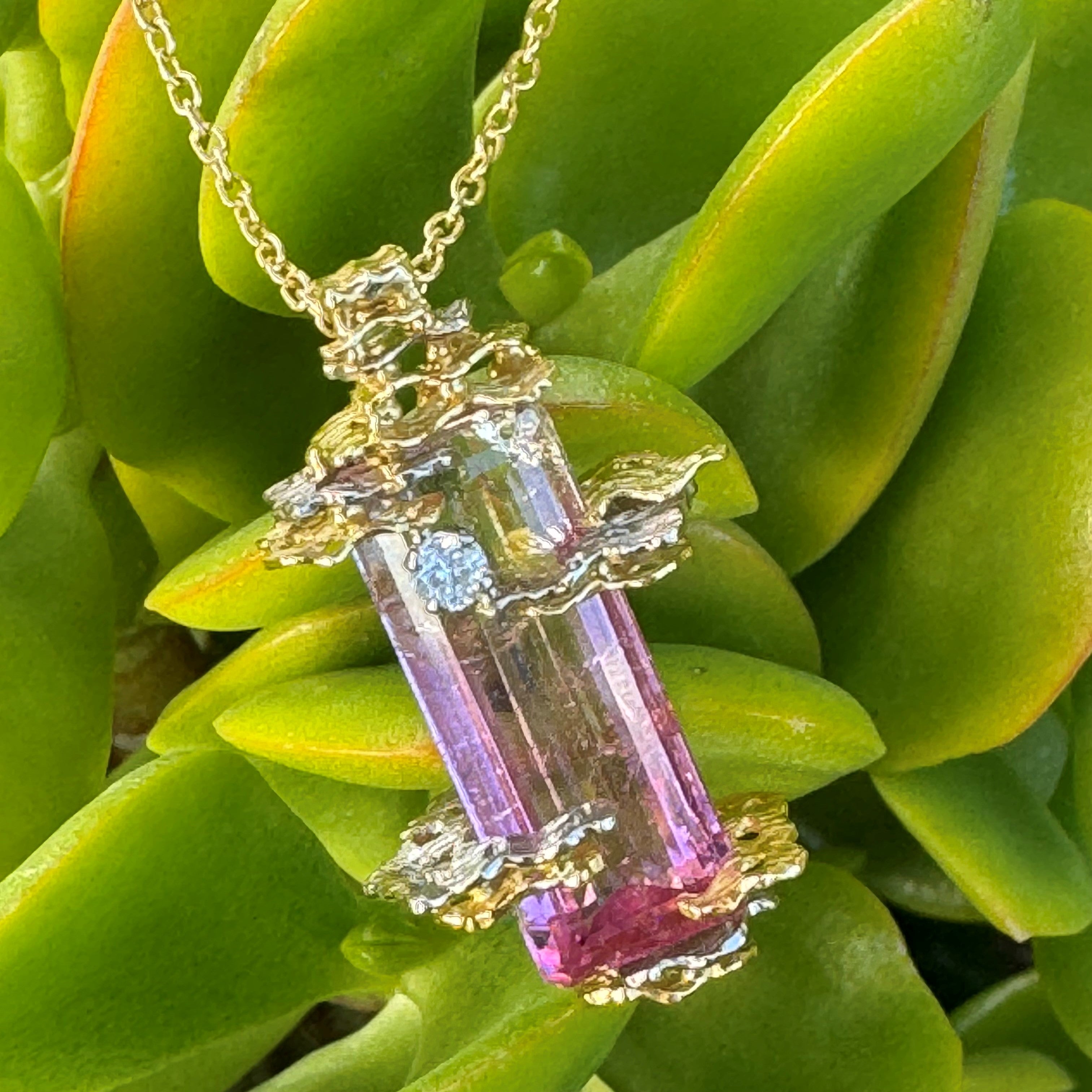 Modernist Barked Diamond and Pink Tourmaline Cocktail Necklace 1982