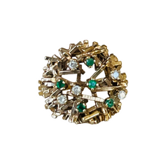 Emerald and Diamond Birds Nest Modernist Cocktail Ring 1972