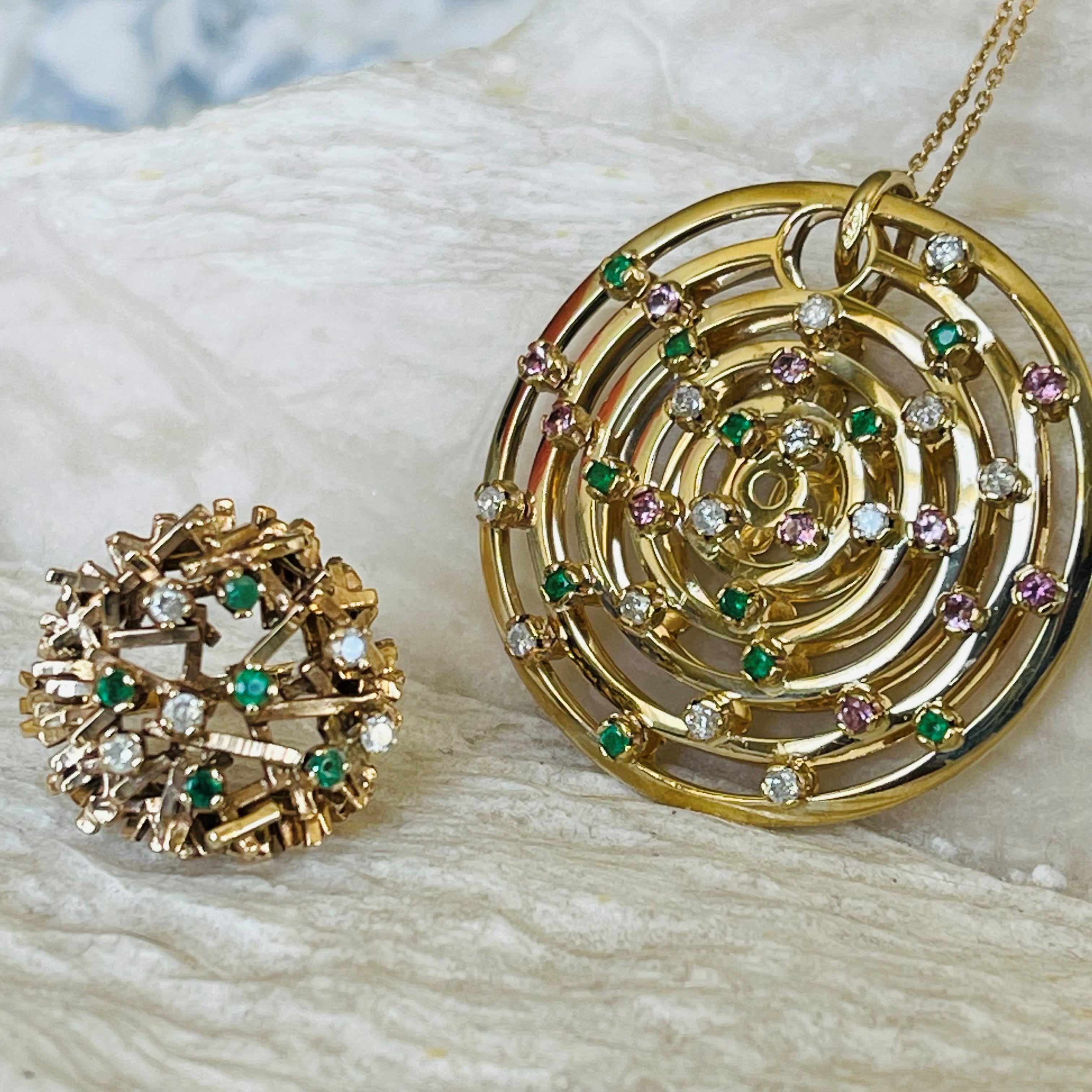 Emerald and Diamond Birds Nest Modernist Cocktail Ring 1972