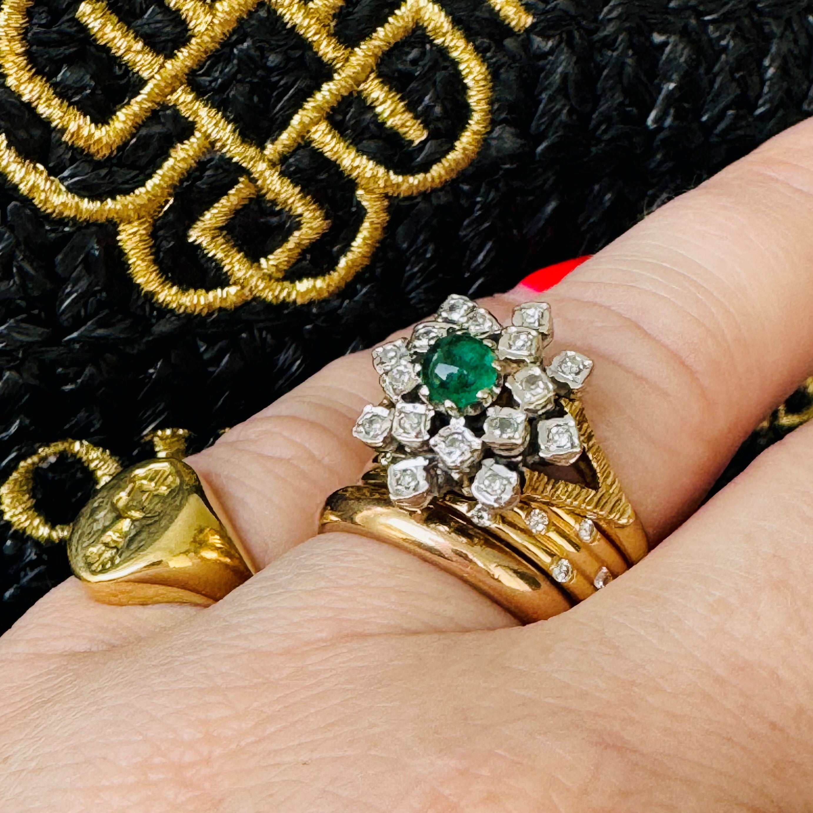Diamond and Emerald Cabochon Modernist Cocktail Ring 1973