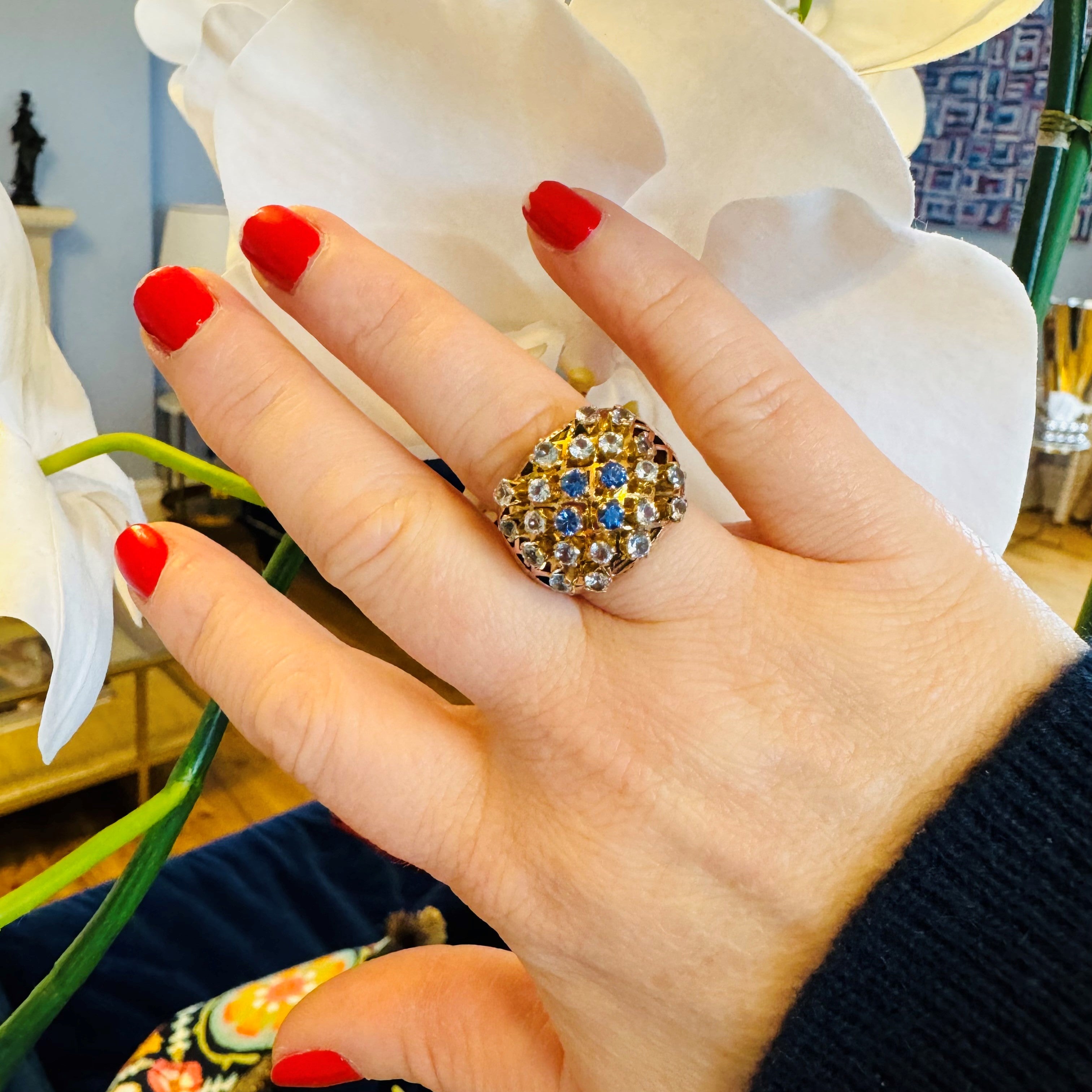 Baroque Blue Topaz and Sapphire Latticed Cocktail Ring c.1980s