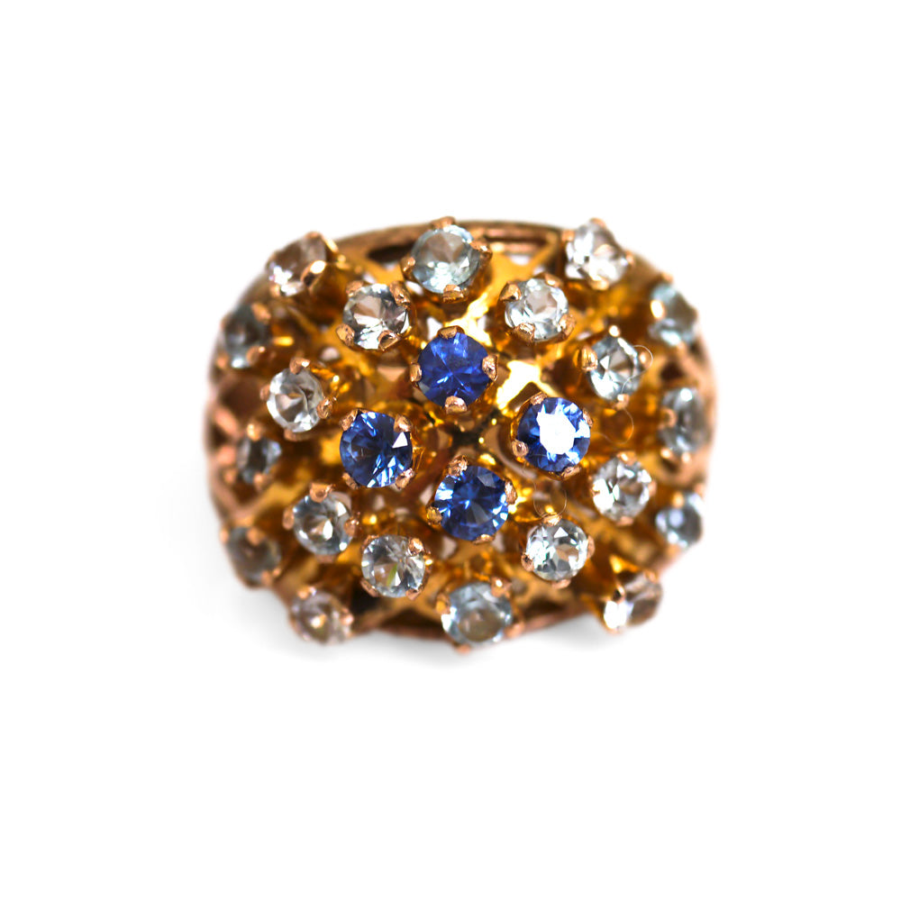 Baroque Blue Topaz and Sapphire Latticed Cocktail Ring c.1980s