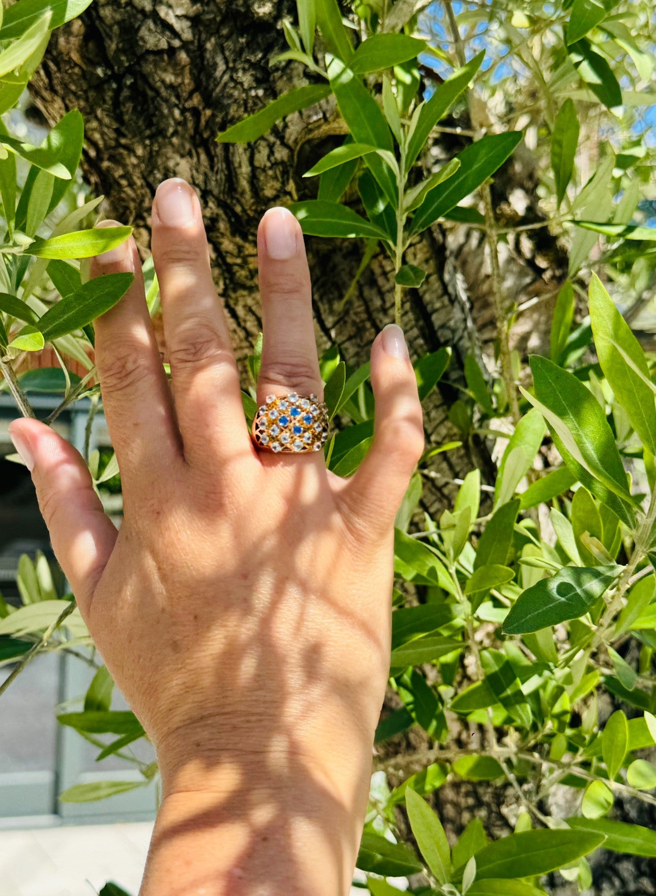 Baroque Blue Topaz and Sapphire Latticed Cocktail Ring c.1980s
