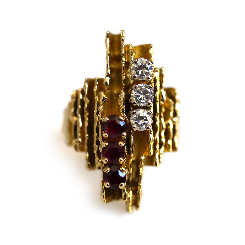 Brutalist Diamond and Ruby Column Cocktail Ring 1974