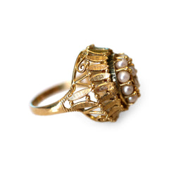 Cameo and Pearl Barked Gold Spinner Ring c.1970s