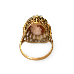 Cameo and Pearl Barked Gold Spinner Ring c.1970s