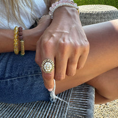 Cameo and Pearl Barked Gold Spinner Ring c.1970s