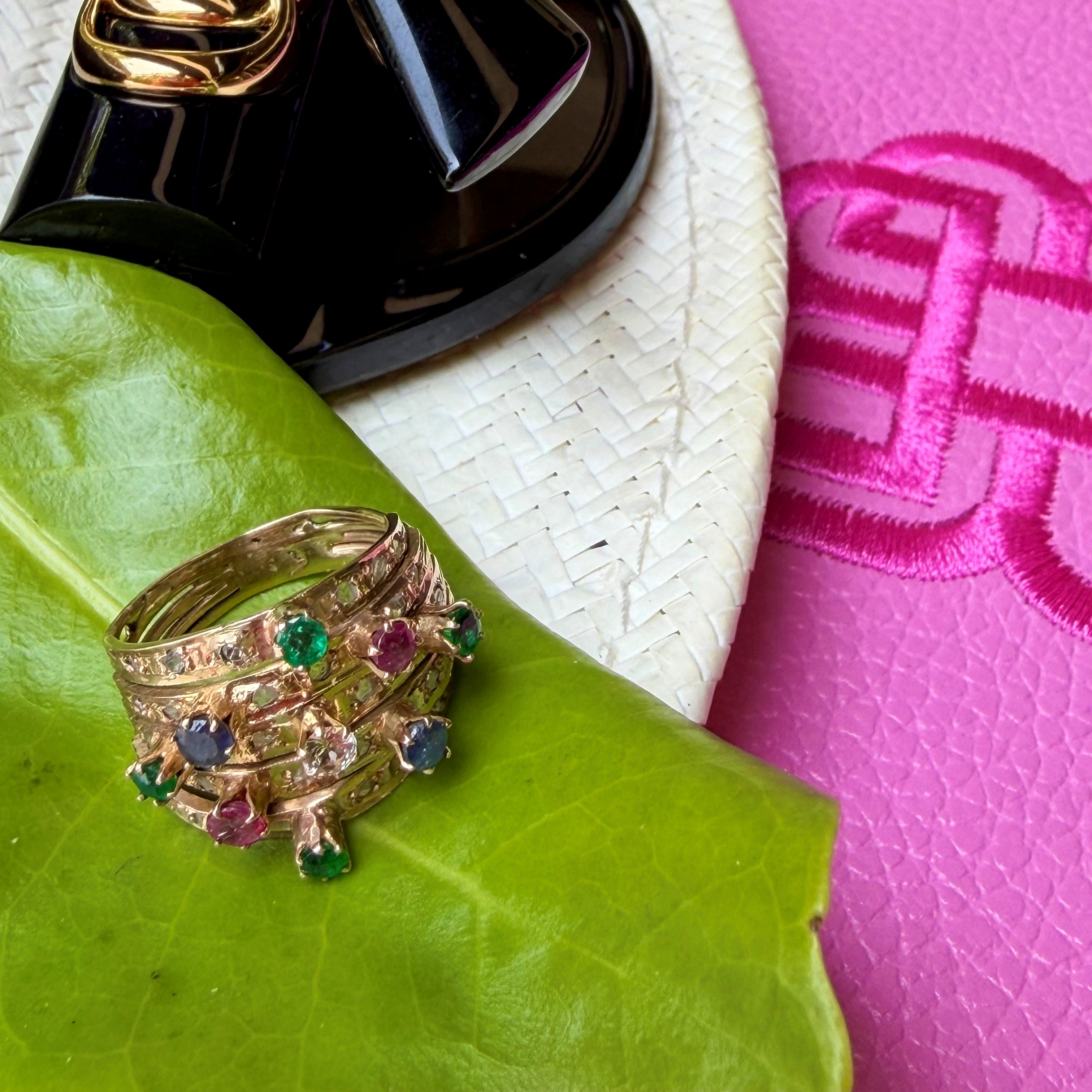 Diamond, Emerald, Ruby, Sapphire Carnival Cocktail Ring 1978