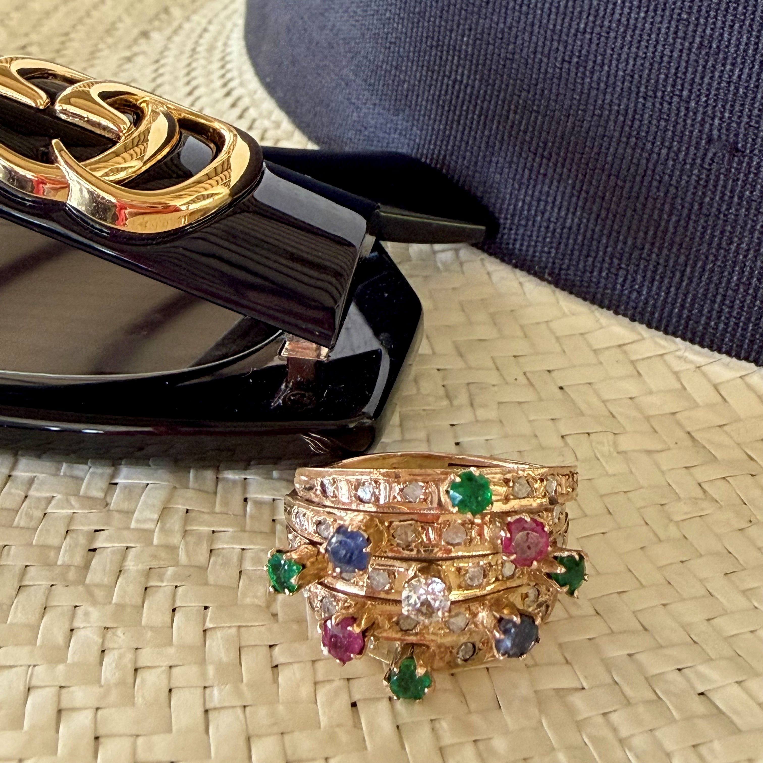 Diamond, Emerald, Ruby, Sapphire Carnival Cocktail Ring 1978
