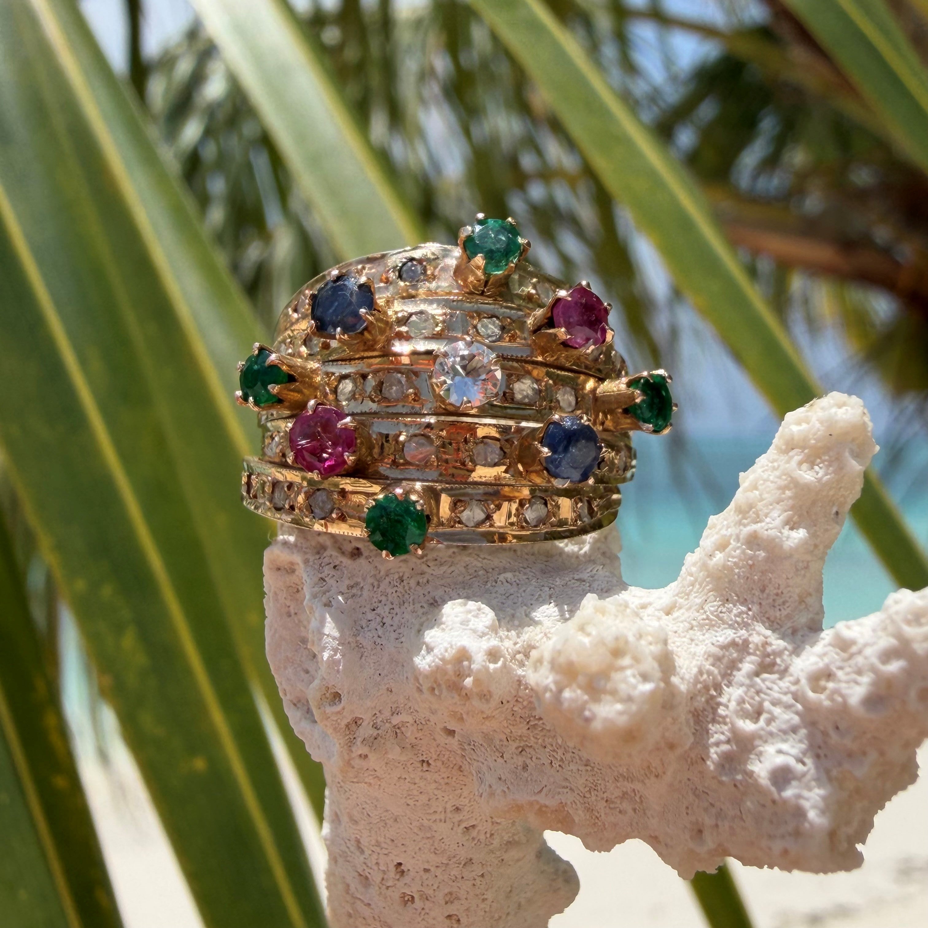 Diamond, Emerald, Ruby, Sapphire Carnival Cocktail Ring 1978
