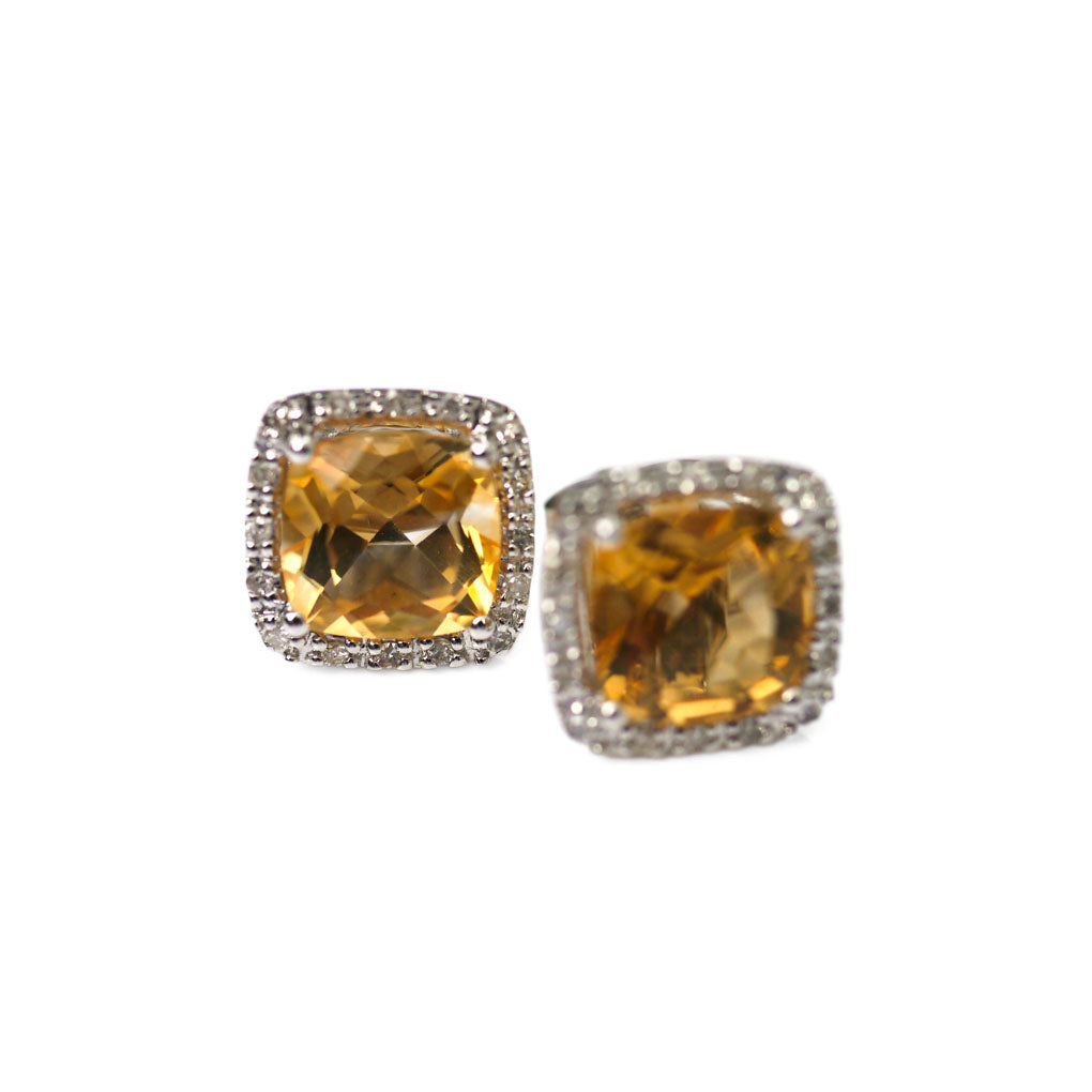 Citrine and Diamond Square White Gold Earrings