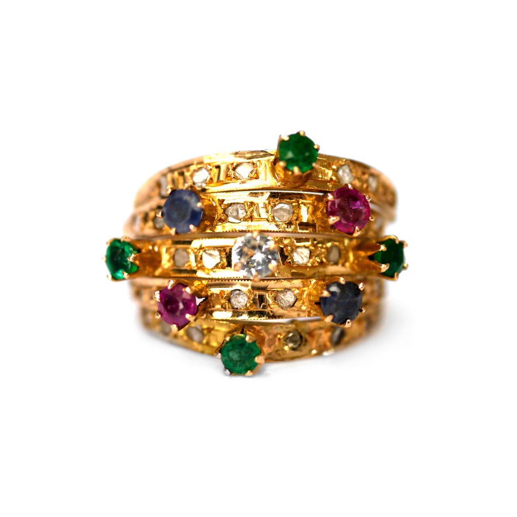 Diamond, Emerald, Ruby, Sapphire Carnival Cocktail Ring 1978