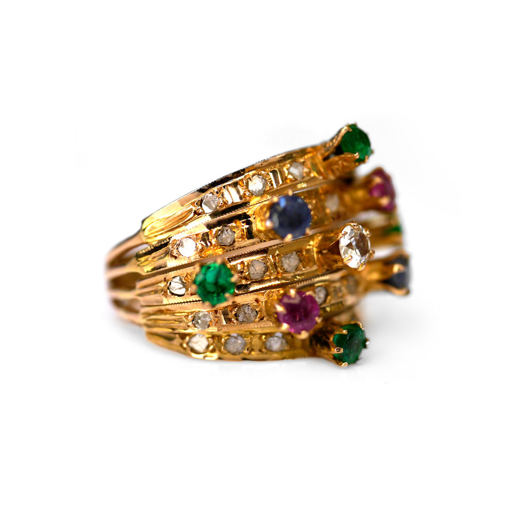 Diamond, Emerald, Ruby, Sapphire Carnival Cocktail Ring 1978