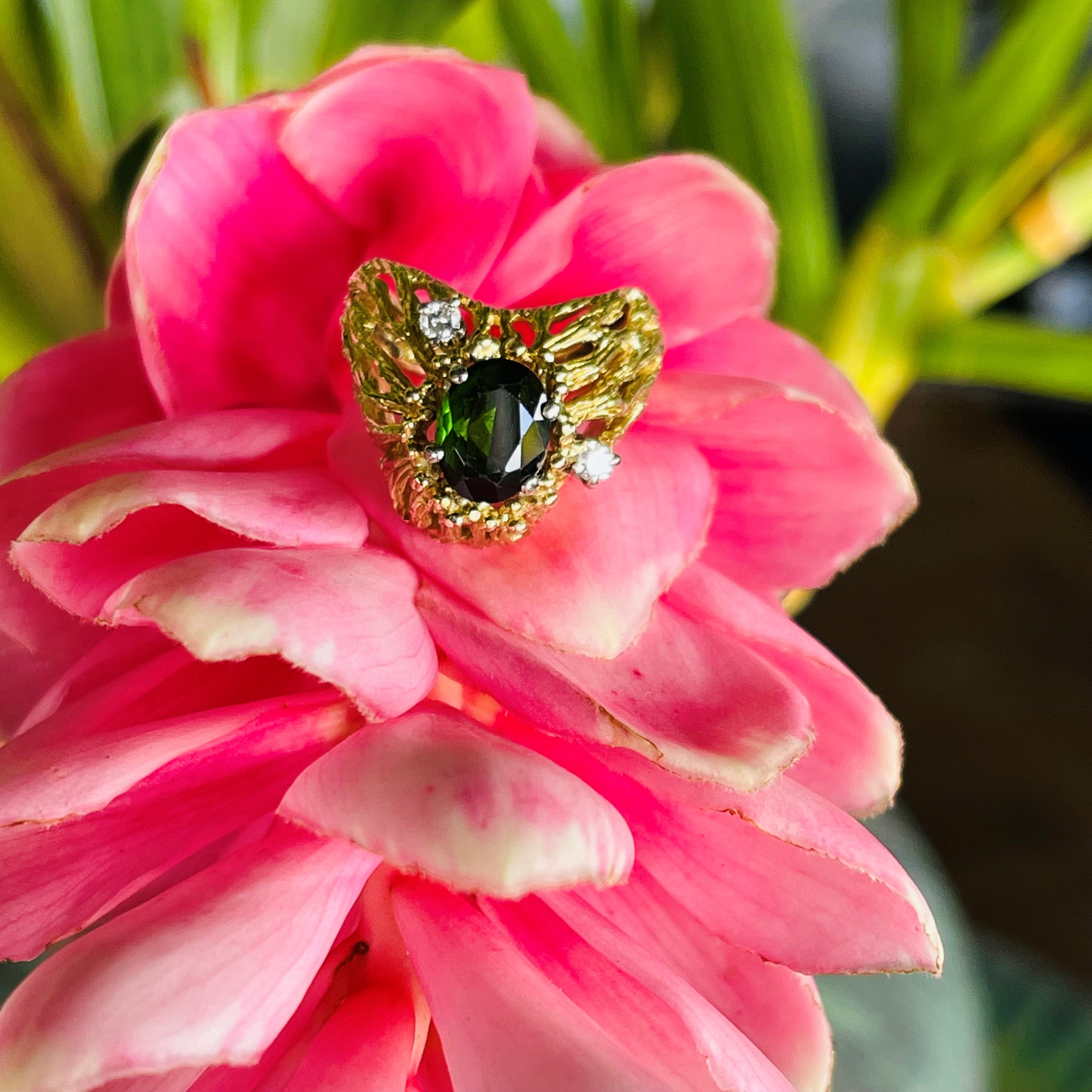 Green Tourmaline & Diamond Modernist Cocktail Ring c.1970s