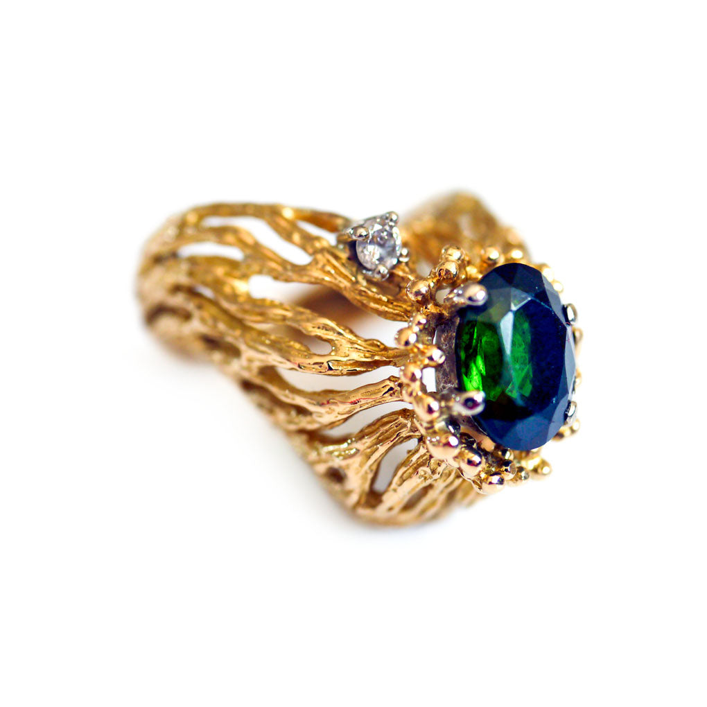 Green Tourmaline & Diamond Modernist Cocktail Ring c.1970s
