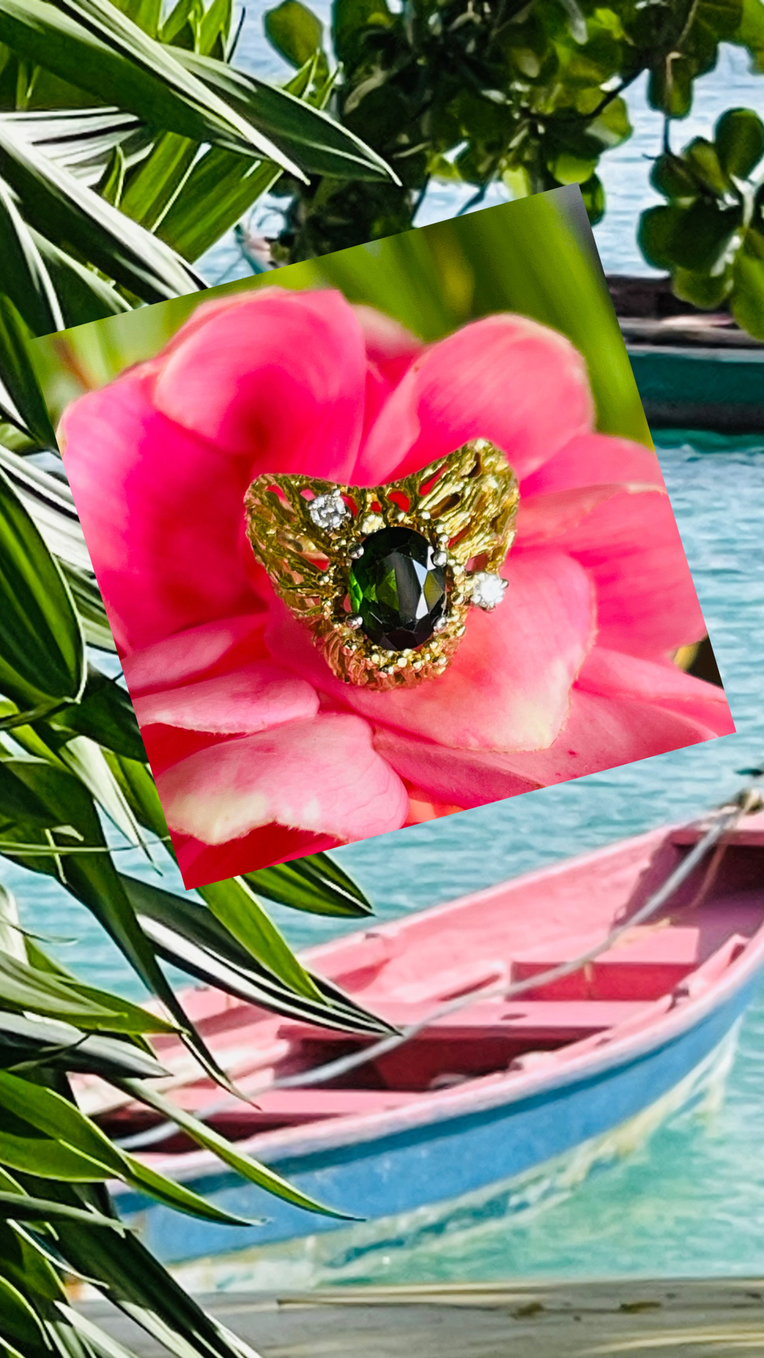 Green Tourmaline & Diamond Modernist Cocktail Ring c.1970s
