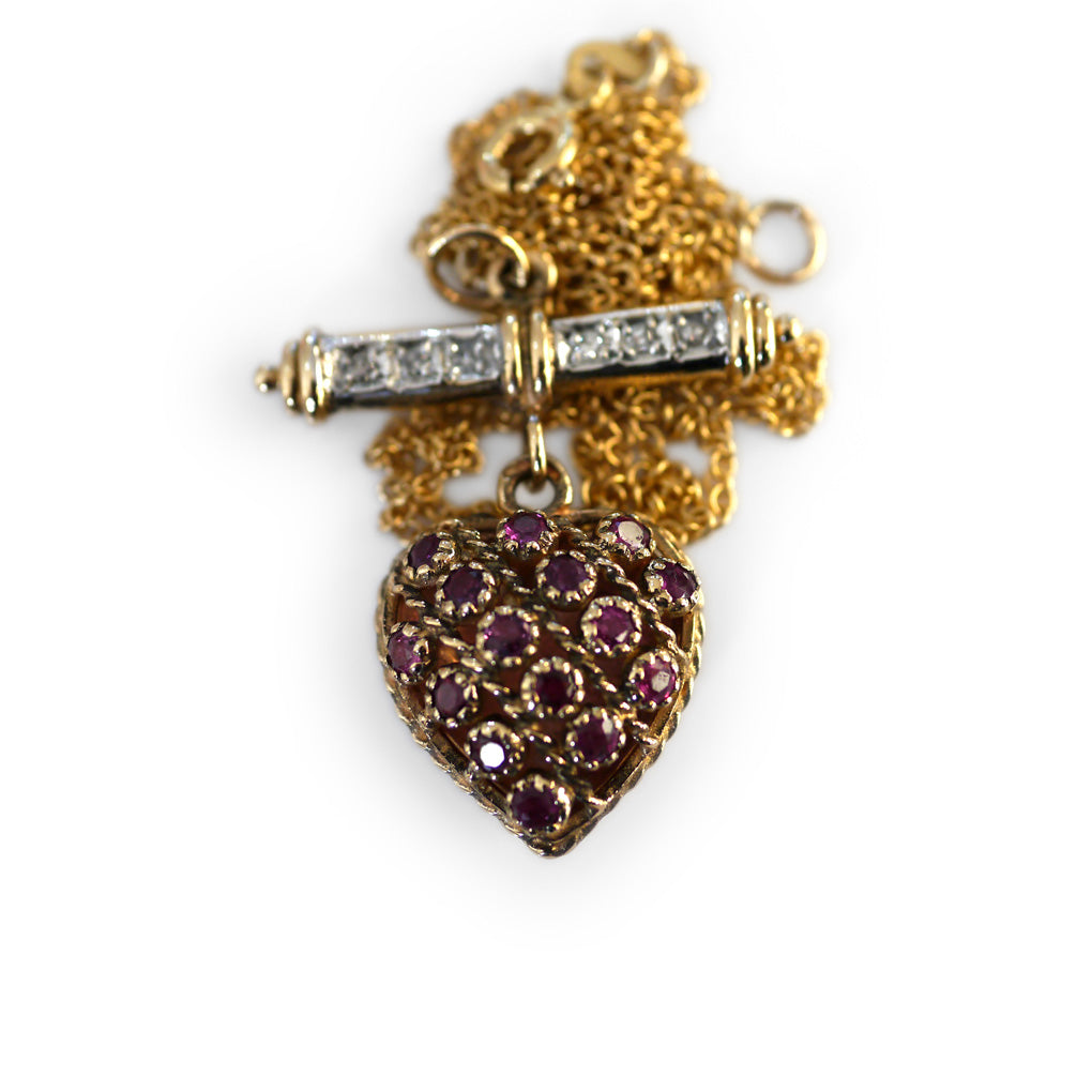 Diamond and Rhodolite Garnet Heart T-Bar Necklace c.1970s