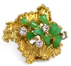 Diamond Grandmaster Fresh Green Jade Barked Cocktail Ring c.1970s