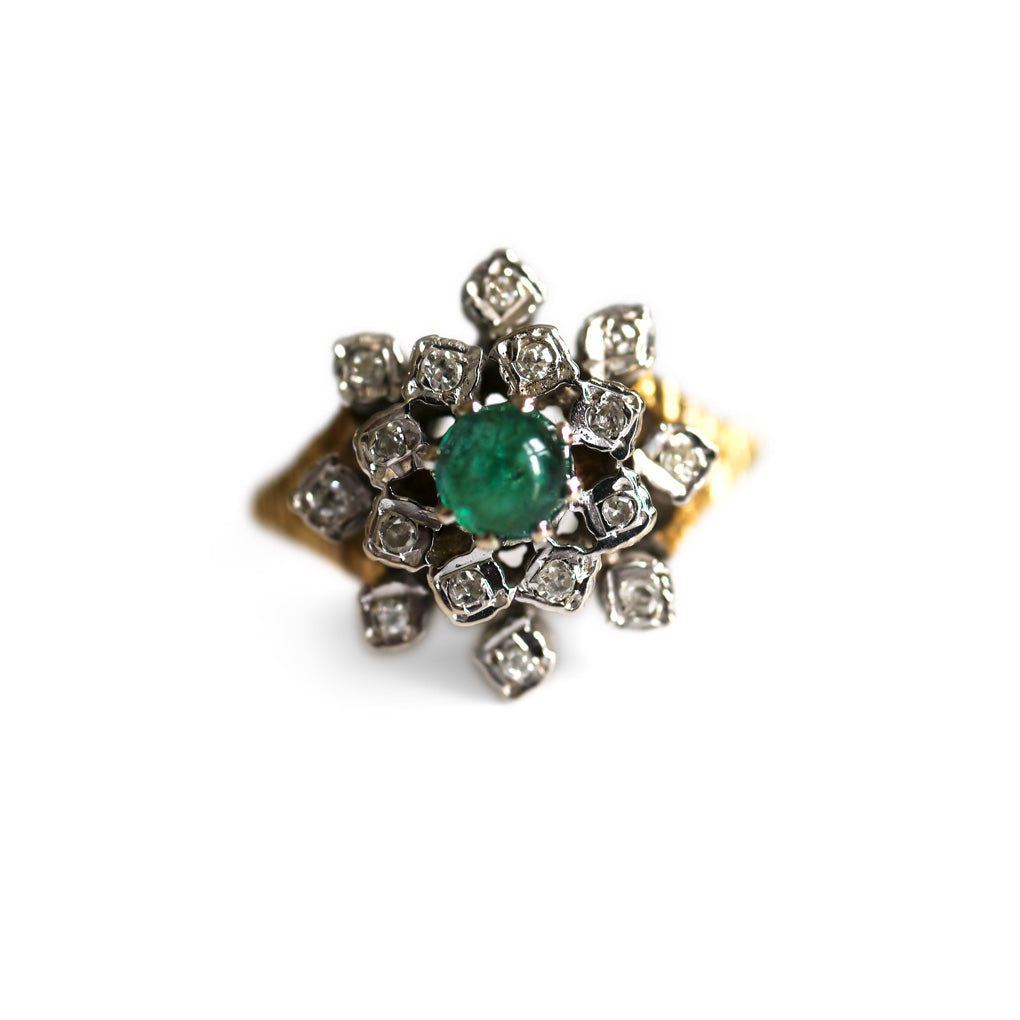 Diamond and Emerald Cabochon Modernist Cocktail Ring 1973