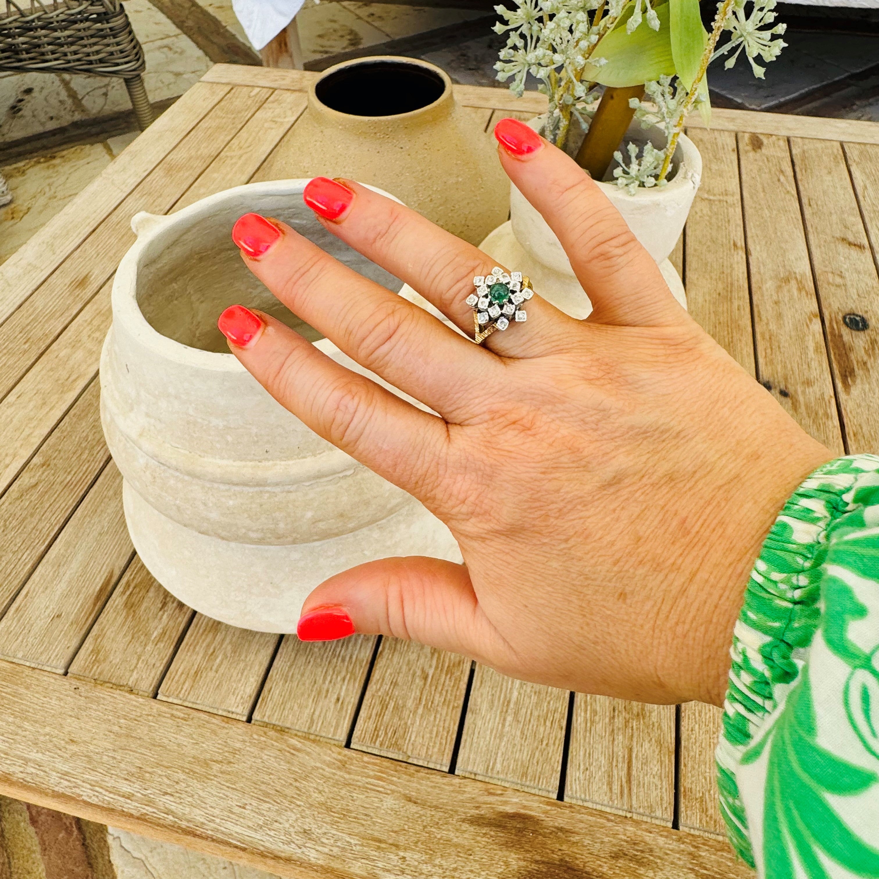 Diamond and Emerald Cabochon Modernist Cocktail Ring 1973