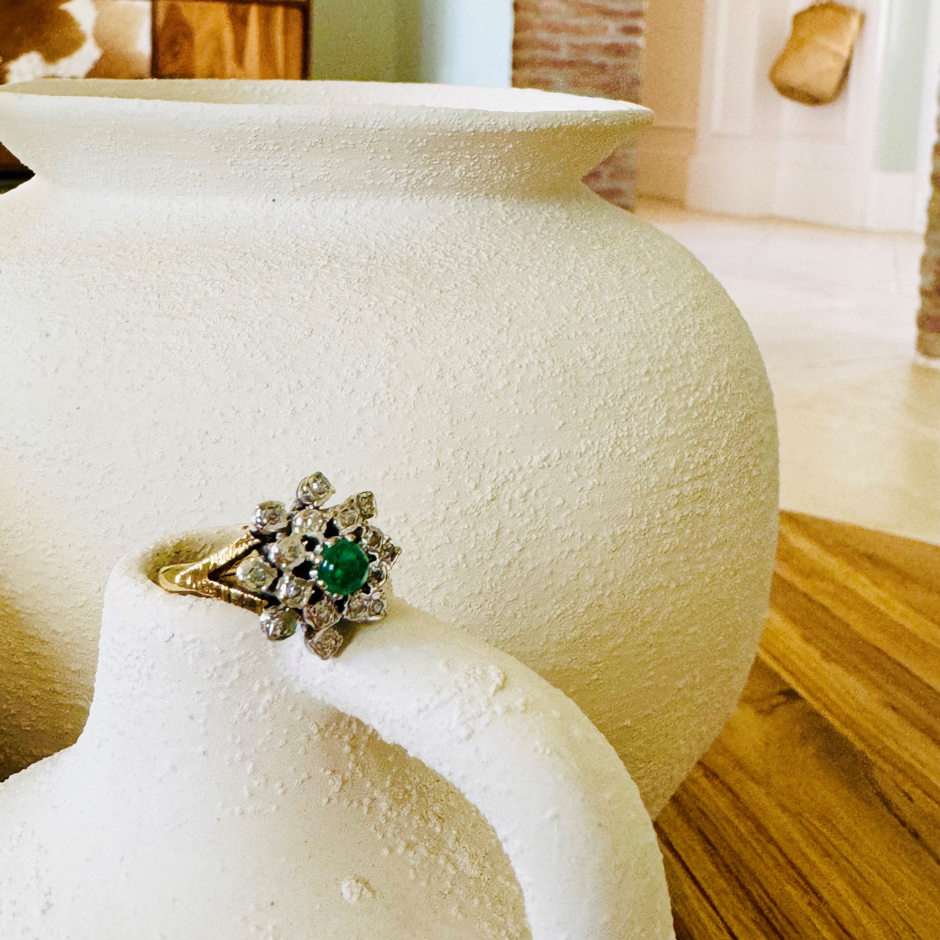 Diamond and Emerald Cabochon Modernist Cocktail Ring 1973