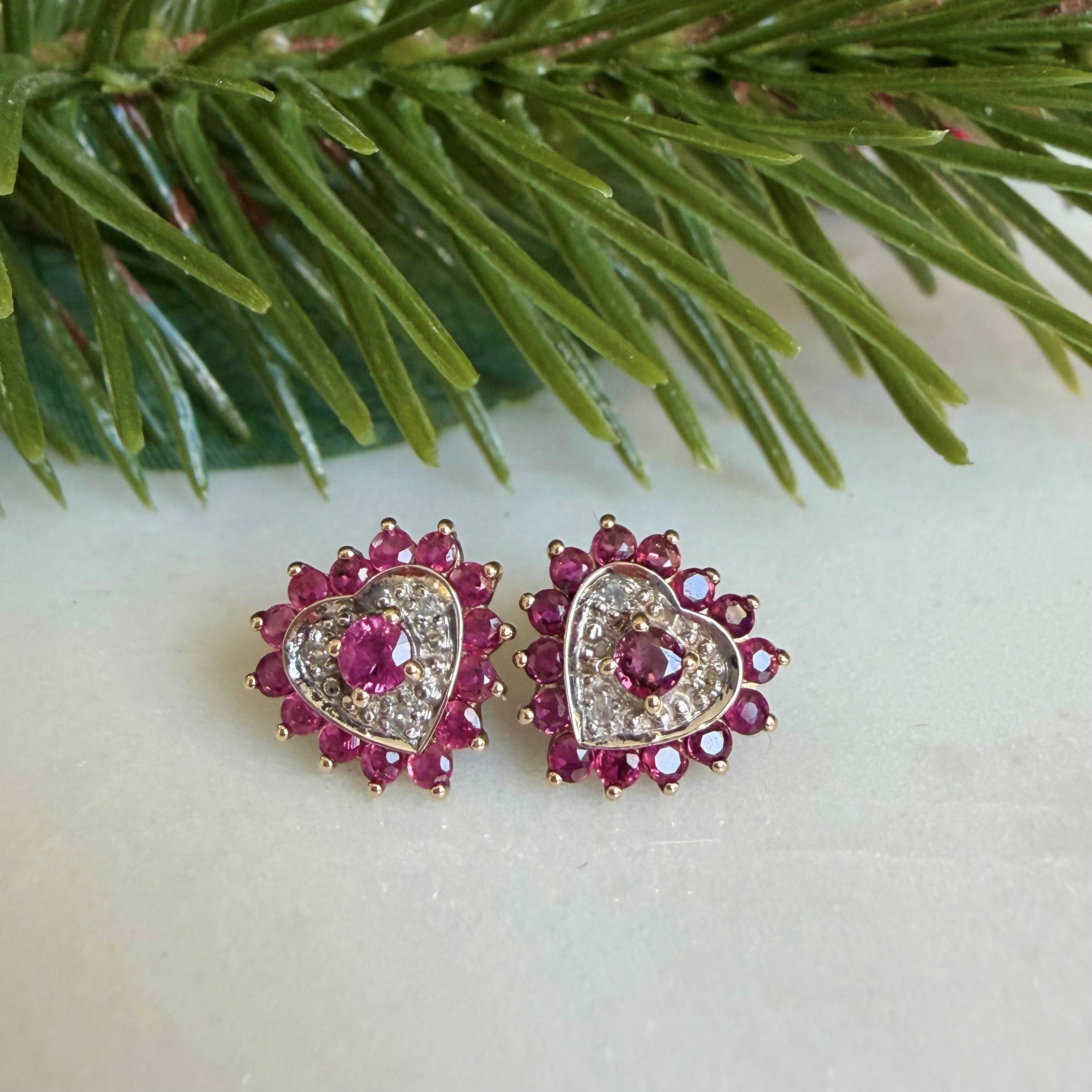 Diamond and Ruby Gold Heart Earrings c.1980s