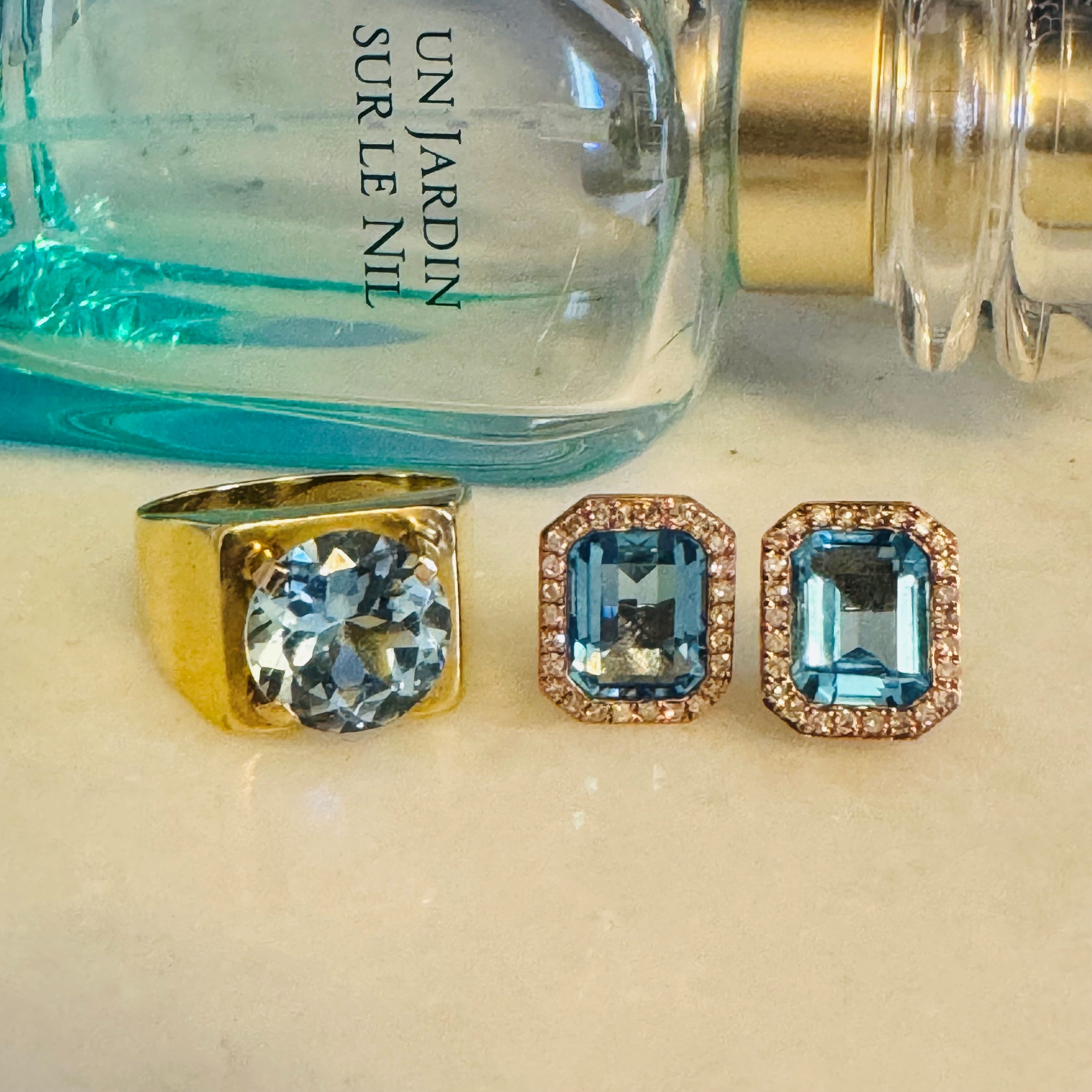 Emerald Cut Blue Topaz and Diamond Rose Gold Earrings