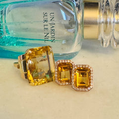 Emerald Cut Citrine and Diamond Rose Gold Earrings