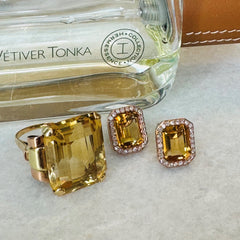 Emerald Cut Citrine and Diamond Rose Gold Earrings