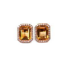 Emerald Cut Citrine and Diamond Rose Gold Earrings