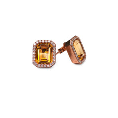 Emerald Cut Citrine and Diamond Rose Gold Earrings