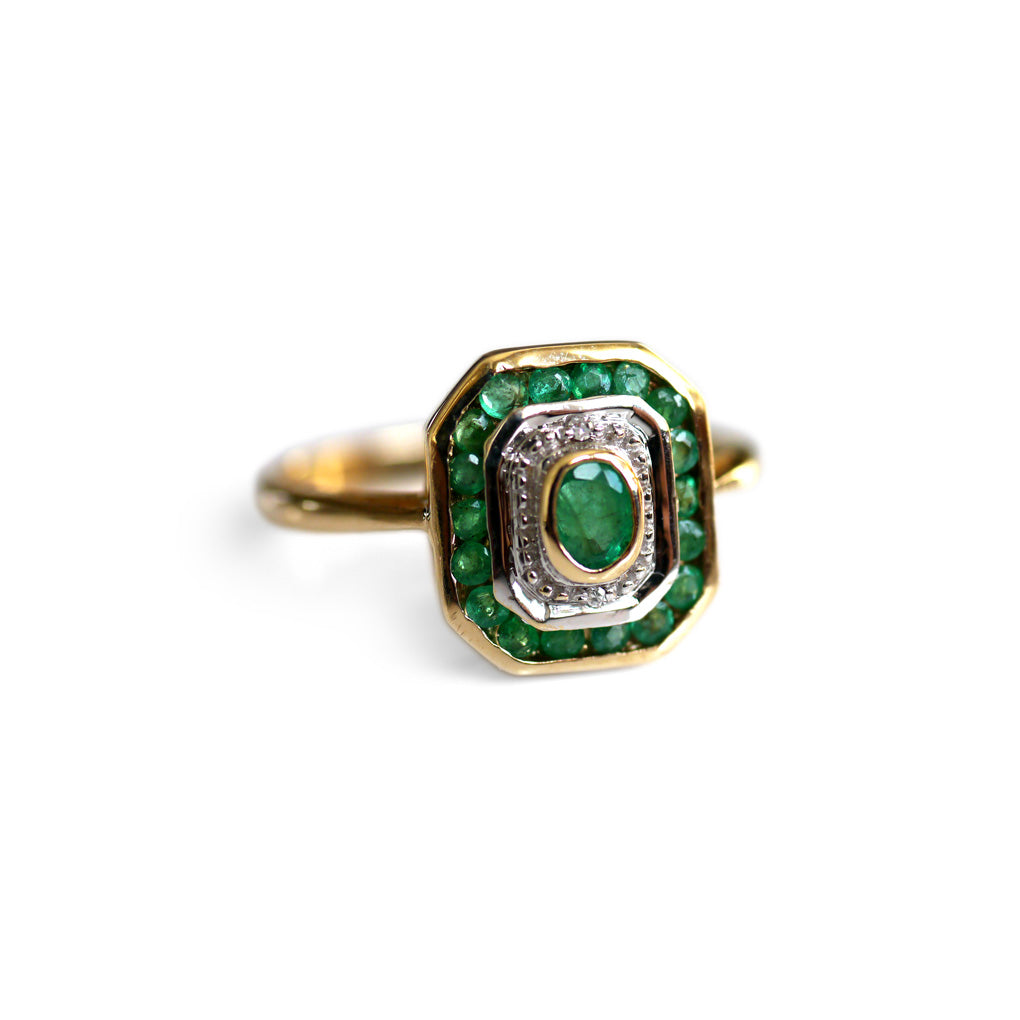 Emerald and Diamond Geometric Ring