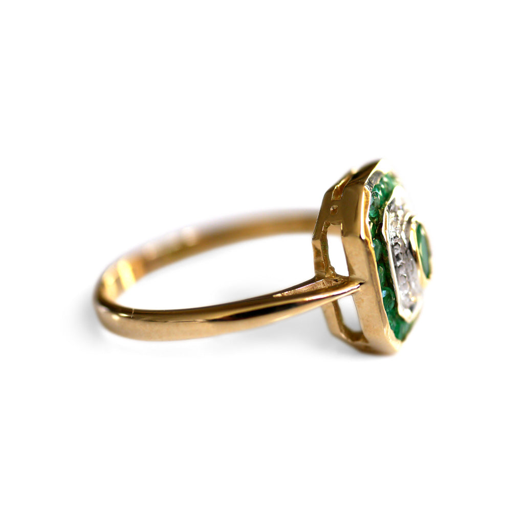 Emerald and Diamond Geometric Ring