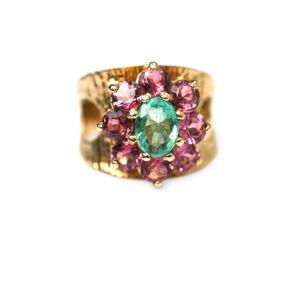 Emerald and Pink Tourmaline Modernist Ring 1972
