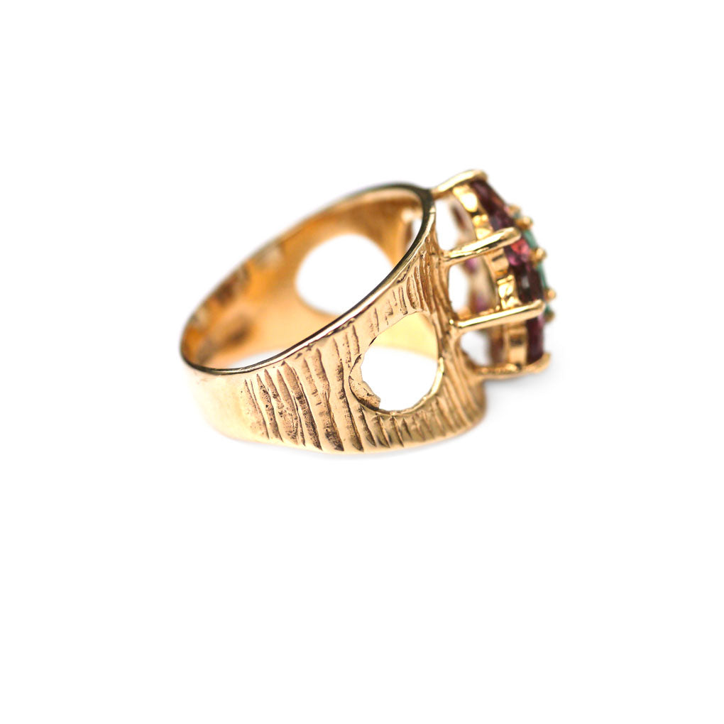 Emerald and Pink Tourmaline Modernist Ring 1972
