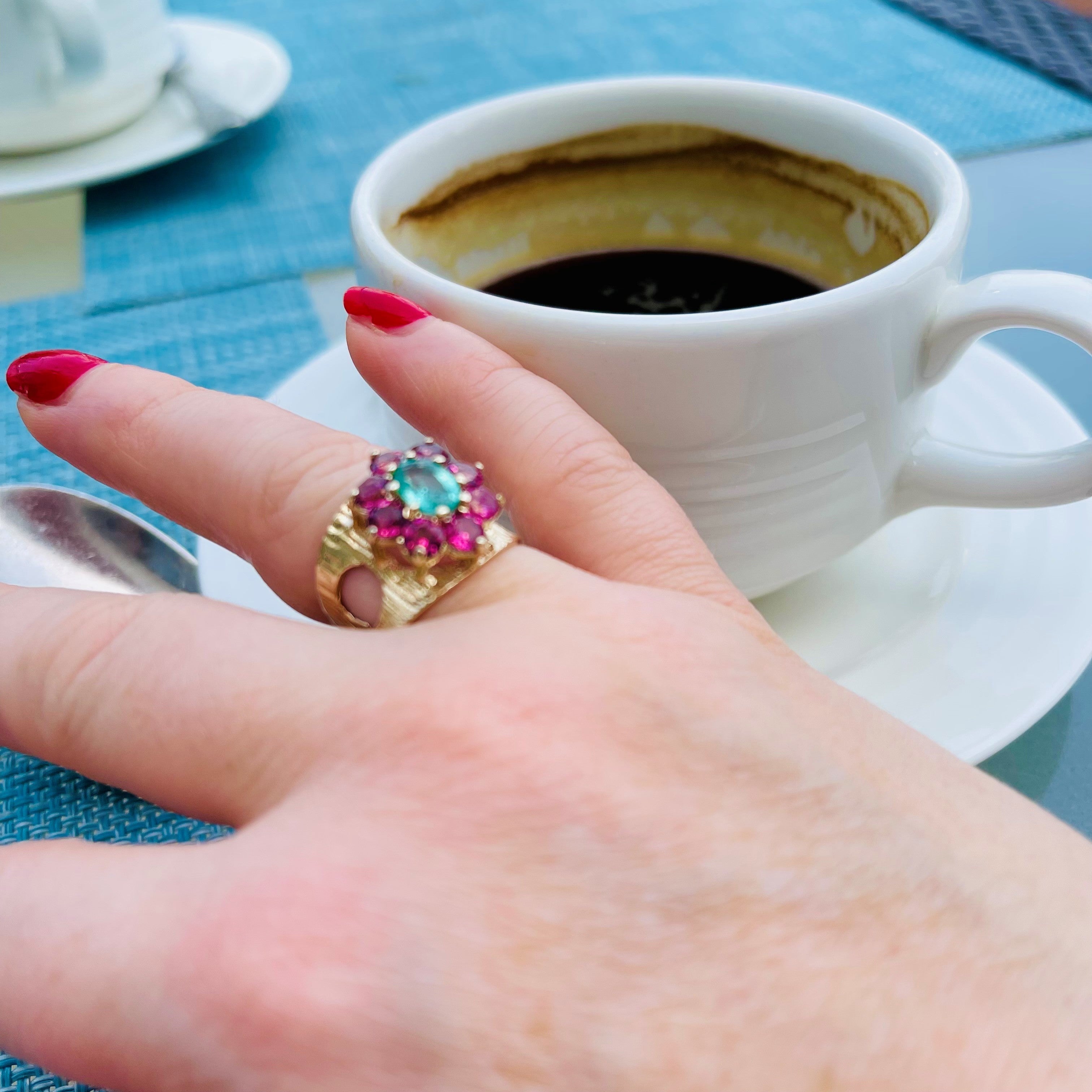 Emerald and Pink Tourmaline Modernist Ring 1972