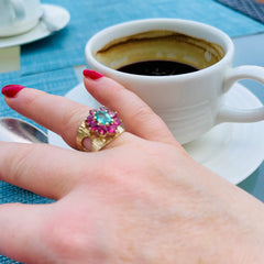 Emerald and Pink Tourmaline Modernist Ring 1972