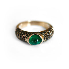 Vintage Black Diamond & Cabochon Emerald White Gold Ring photographed on a white background