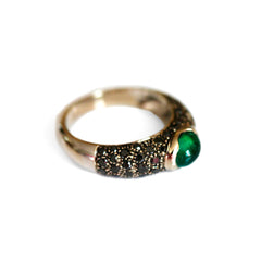 Vintage Black Diamond & Cabochon Emerald White Gold Ring photographed on a white background