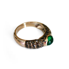 Vintage Black Diamond & Cabochon Emerald White Gold Ring photographed on a white background