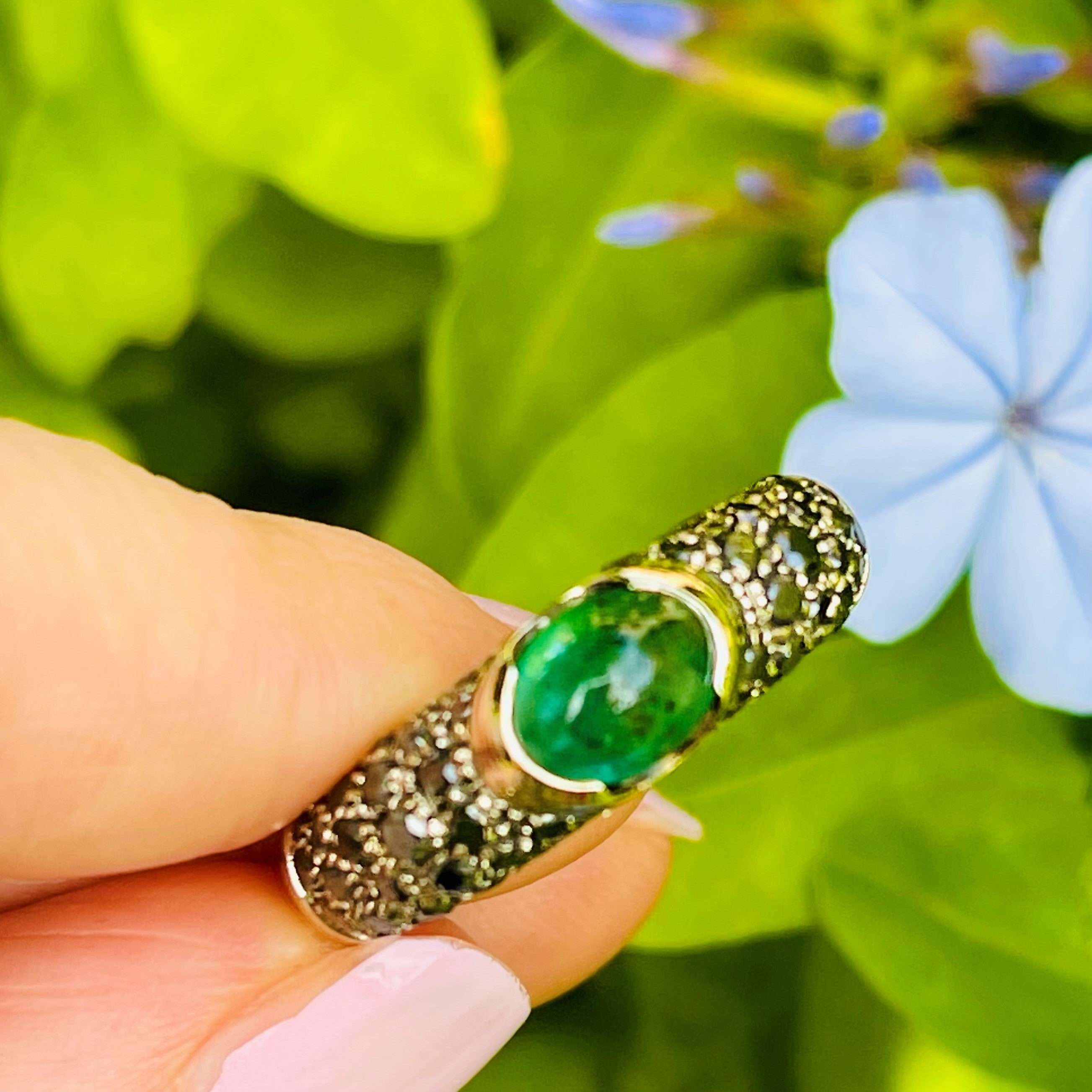 Black Diamond & Cabochon Emerald White Gold Ring