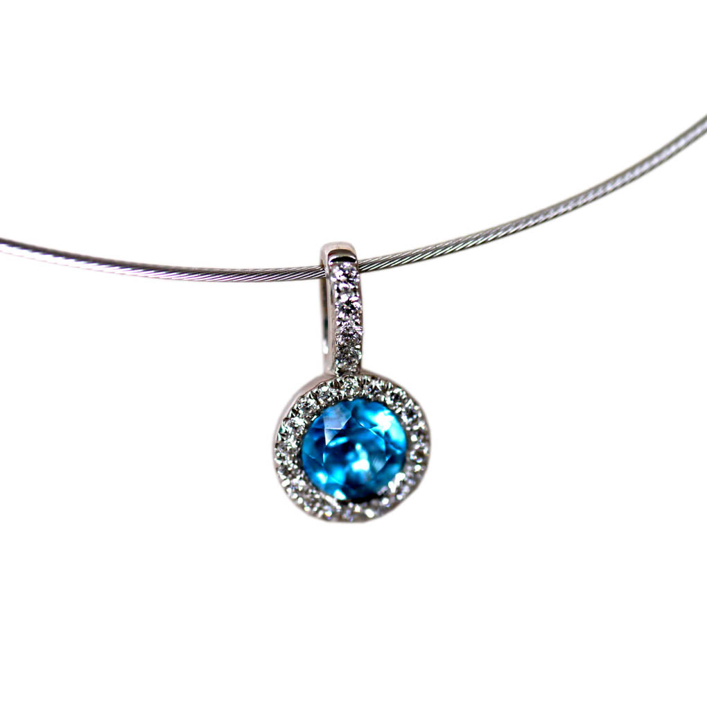 Dazzling Diamond & Blue Topaz Solitaire White Gold Necklace