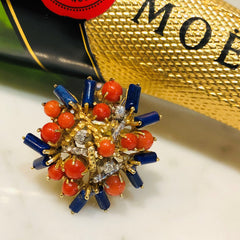 1970s Diamond, Coral and Lapis Modernist Cocktail Ring