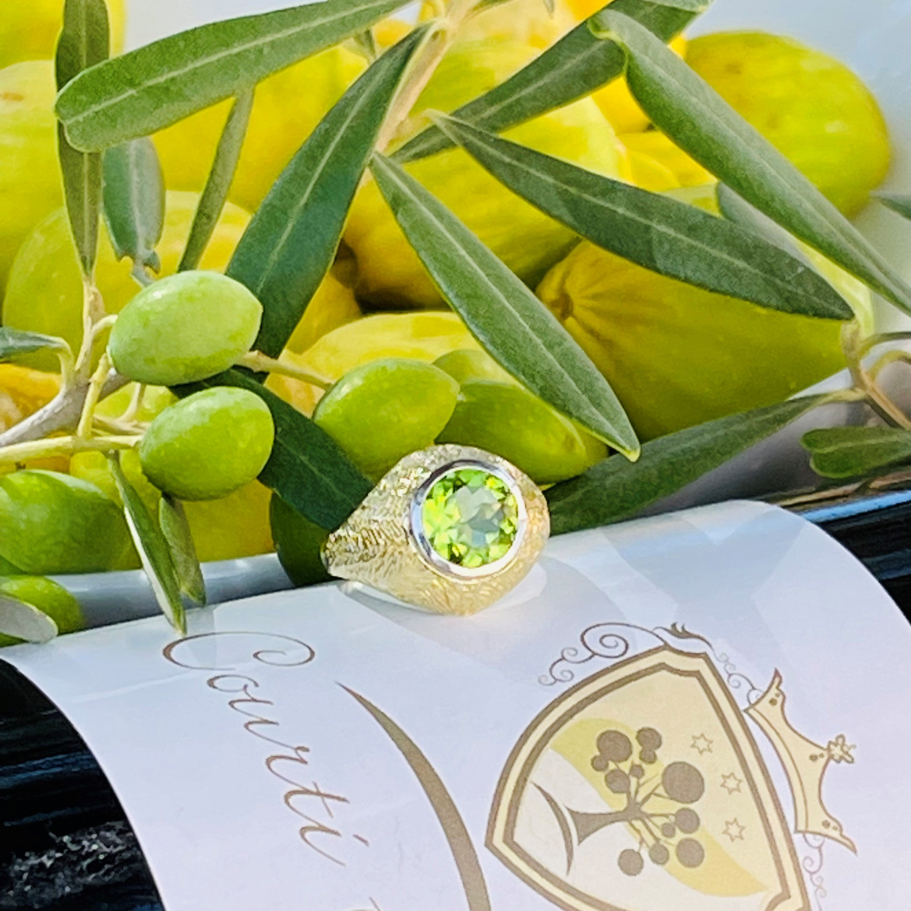 Peridot Platinum and Gold Bombe Cocktail Ring