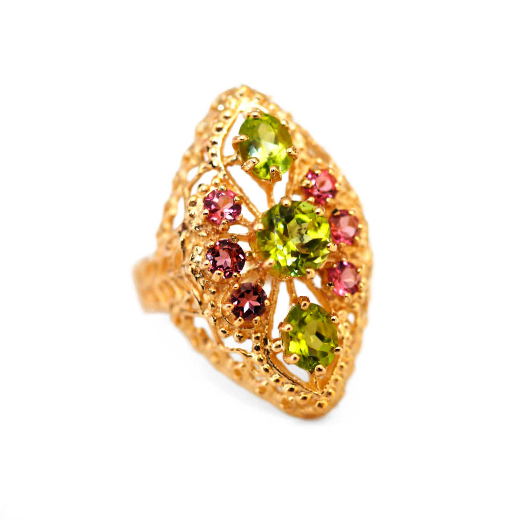 Peridot & Pink Tourmaline 1973 Cocktail Ring