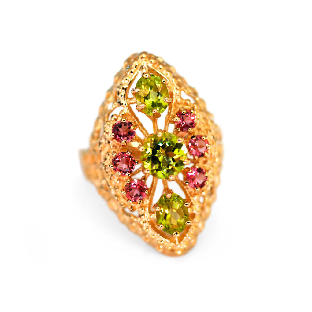 Peridot & Pink Tourmaline 1973 Cocktail Ring