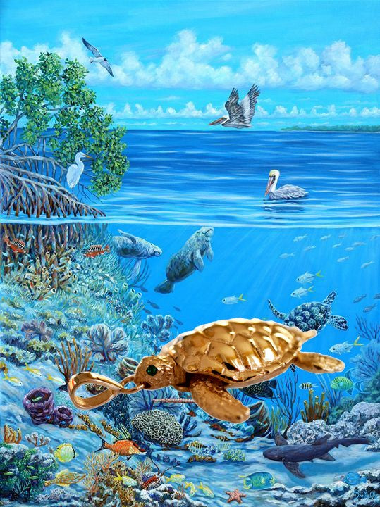 Vintage Emerald Eyed Gold Articulated Turtle Pendant